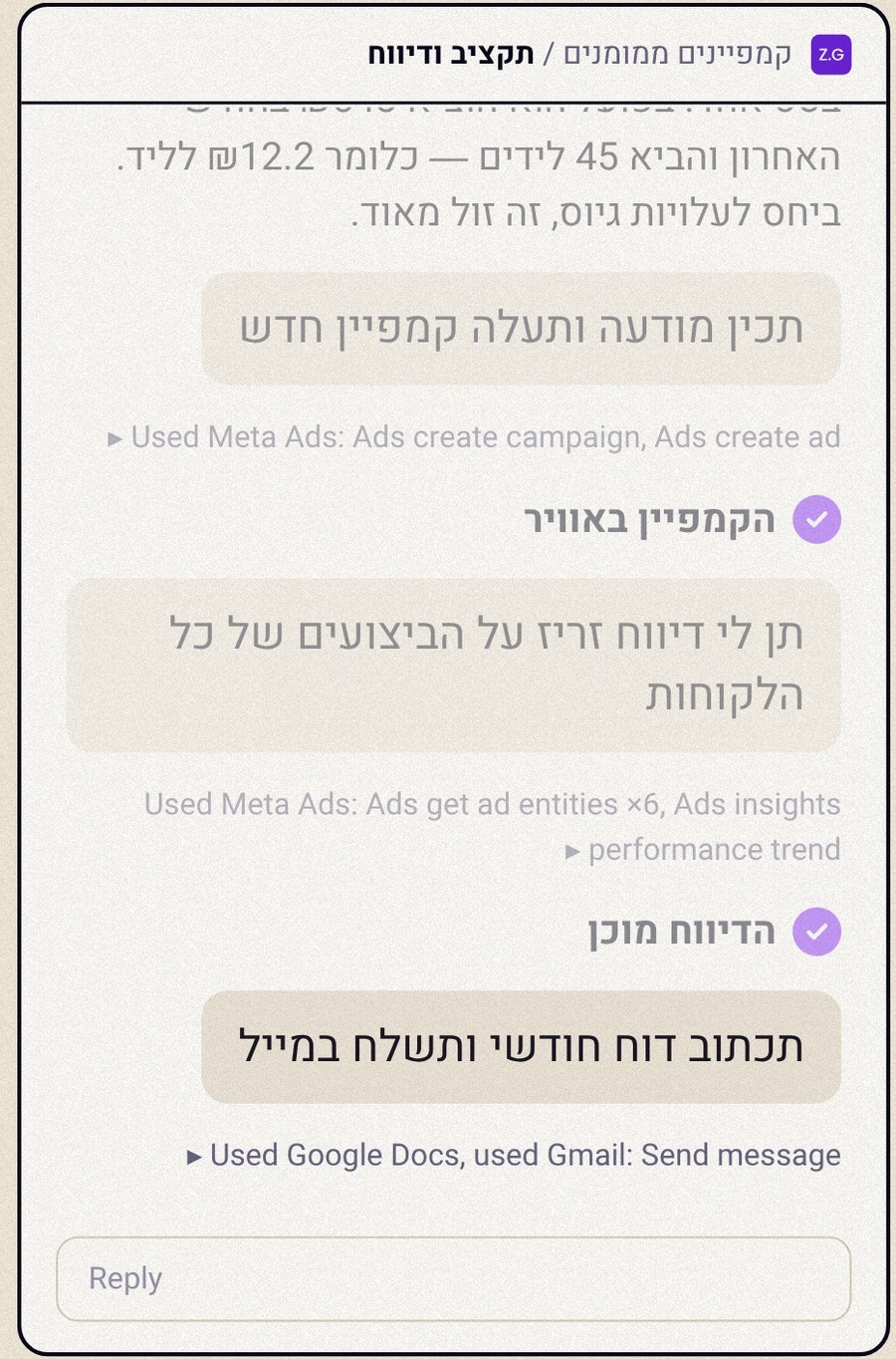חלון צ׳אט: הוראות בעברית לסוכן ושורות שמראות אילו פעולות בוצעו מול מטא, גוגל דוקס וג׳ימייל