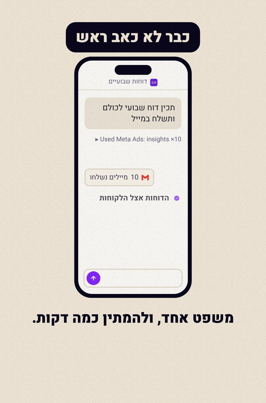 חלון צ'אט: בקשה לדוח תקופתי, שורות שמראות משיכת נתונים ממטא, ודוח מוכן למייל